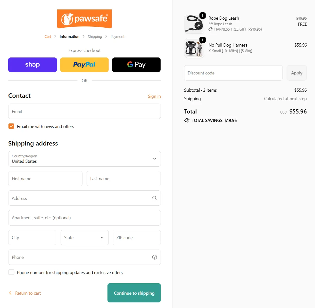 Pawsafe Harness secure checkout page